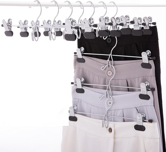 13 Inch Black Heavy Duty Add-on Stackable Metal Hanger for Trousers Pants Skirt with Extra Strong Clips Pack of 20