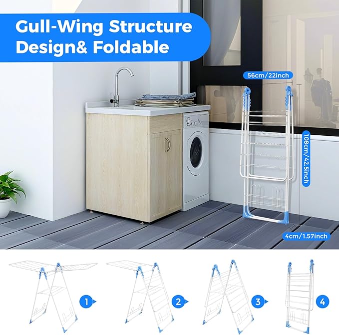 Gullwing Clothes Drying Rack,Foldable Laundry Drying Racks with Shoe Rack, Free-Standing Large Standing Airer, with Height-Adjustable Wings for Indoor Outdoor Use, Laundry Room, Balcony