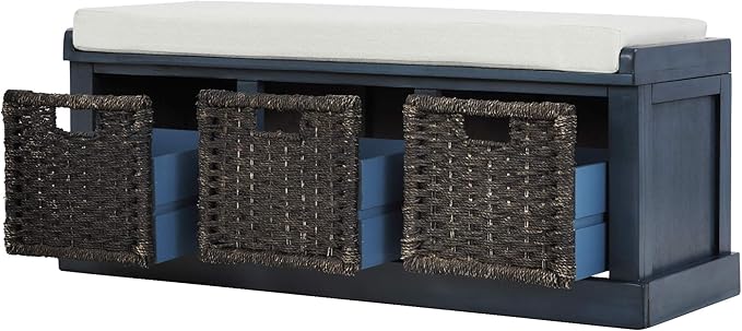 Merax Farmhouse Solid Wood Entryway Bench with Seat Cushion Multifunctional Storage Bench for Hallway Living Room Bedroom (Antique Navy)