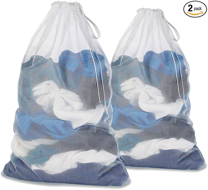 Mesh Laundry Bag With Drawstring For Delicates, Washing Machine,Traveling,College,Dirty Clothes/Net Big Size Heavy Duty Reusable Door Foldable/Garment White 2 Pack