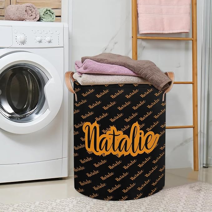 Personalized Laundry Basket, Custom Gift Laundry Hamper, Collapsible Nursery Waterproof Laundry Baskets, Dirty Clothes Toy Hamper with Handles Name Black Orange