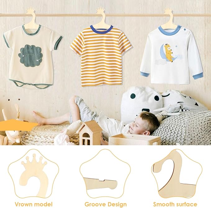 20Pcs Kids Wooden Hanger Wooden Baby Hanger Mini Toddler Children Clothes Hanger Cute Girl Boy Hanger Toddler Infant Hanger for Baby Jacket Skirt Sweater (Crown)