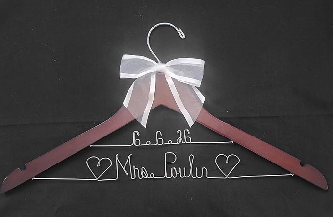 Bride Wedding Hanger for Dress - Custom Name or Add The Date White or Dark Wood Hanger with Notches - Silver or Gold Wire Writing - Choice of 10 Bow Colors - Wedding Bridal Shower Judge Doctor Gift