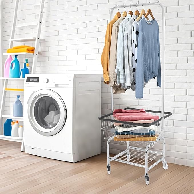 Laundry Cart With Hanging Rack, 110 lbs Capacity Rolling Laundry Basket with Shoe rack, 19''x15''x70'' Laundry Basket with Wheels (3" Crystal Wheels+Black trim)