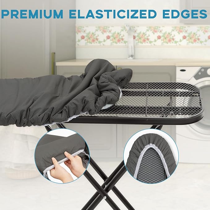 43x13 Small Ironing Board Cover and Pad, Iron Board Replacement Cover, Thick Felt Padding, Scorch Resistant 100% Cotton, Heat Reflective, Elastic Edge, Black