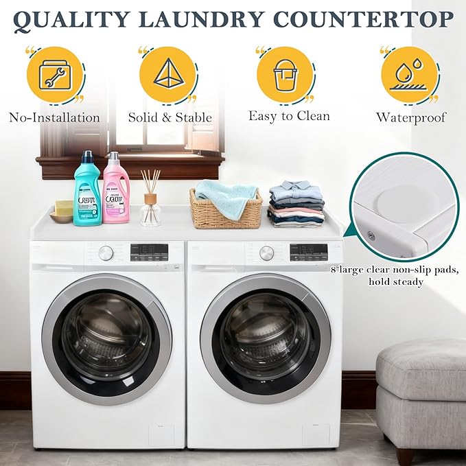 HDPE Washer Dryer Countertop, 54" x 27" Laundry Countertop with 2 Hooks & Non-Slip Pads, Washer and Dryer Topper for Laundry Room Organization, No-Installation (White)