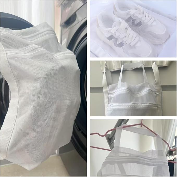 Sneaker Wash & Dry Net Bag for Dryer, Reused Laundry Bag, 15.7x13.8 Inch Large HoneyComber Mesh Bags with Zipper and Strap for Shoes, Clothing (1pcs Double Layer)
