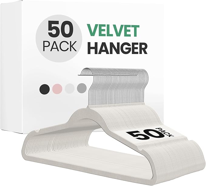 InfiniPower 50 Pack Velvet Hangers, Heavy Duty Clothes Hangers for Coat, Pants & Dress, Non-Slip Hanger Set with Shoulder Notches, 360° Swivel Hook, Space Saving Felt Hangers, White
