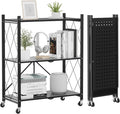 ALANNG Heavy Duty 3-Tier Folding Shelf with Wheels, No Tools Assembly Metal Storage Rack Cart for Kitchen, Pantry, Laundry Room, Garage, Black