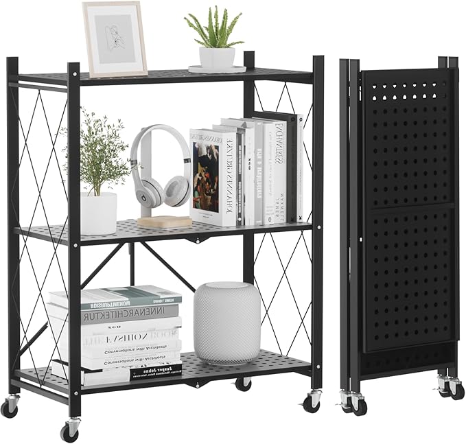 ALANNG Heavy Duty 3-Tier Folding Shelf with Wheels, No Tools Assembly Metal Storage Rack Cart for Kitchen, Pantry, Laundry Room, Garage, Black