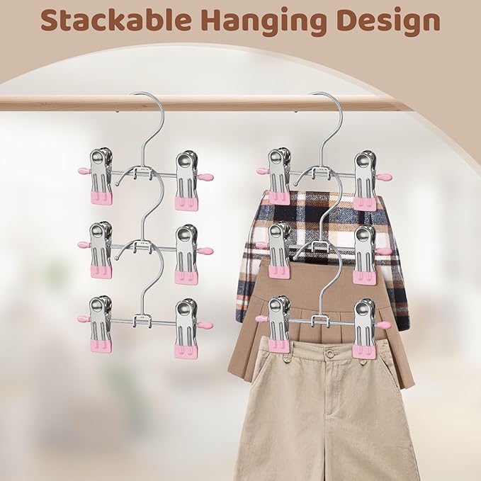 24 Pack Baby Hangers with Clips, 360°Rotatable Toddler Pant Hangers with Clips, Non-Slip Space Saving Kids Hanger for Newborn Children Clothes Skirts Boots Closet Organizers, Pink