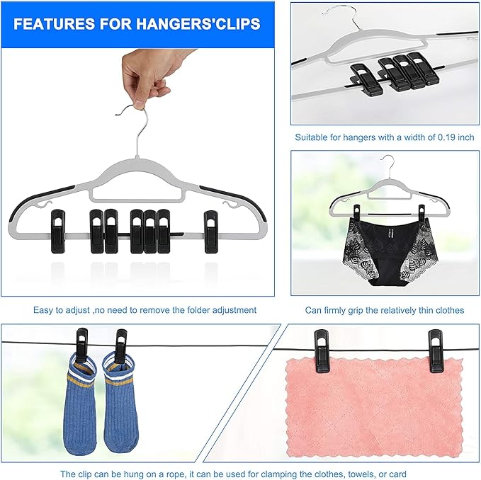 Tinfol Black Plastic Hanger Clips, 20 Pack Pant Finger Clips, Multi-Purpose Strong Pinch Grip Clip for Slim-line Clothes Hangers