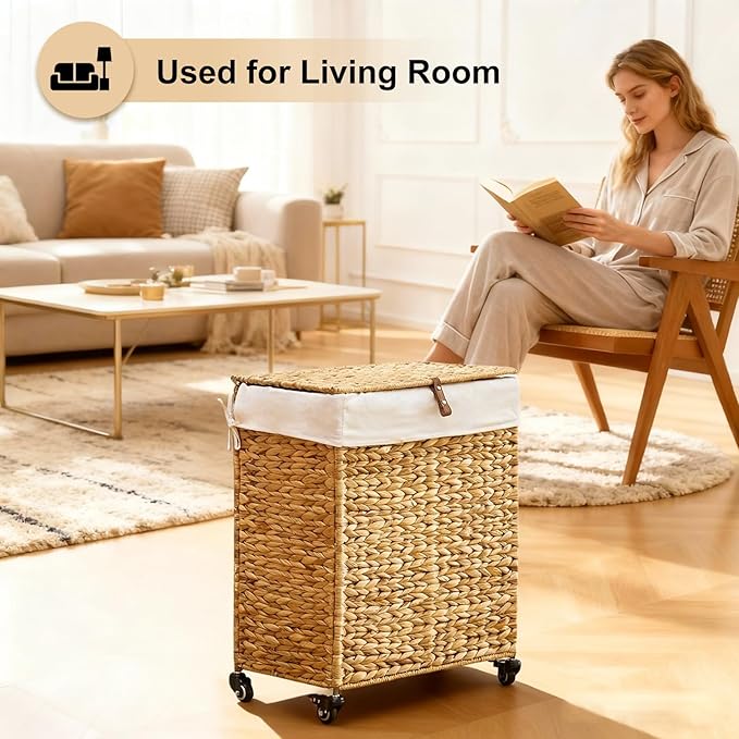 Handwoven Laundry Hamper with Wheels, Natural Water Hyacinth Rolling Laundry Basket with Lid and Removable Liner, Durable and Stylish for Bedroom, Bathroom, Laundry Room (Natural, 95L)