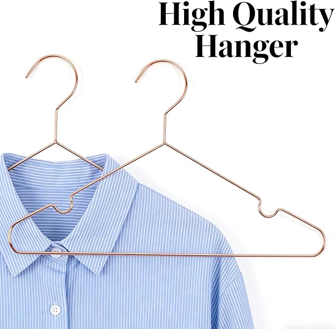 10-Pack Rose Gold Metal Wire Clothes Hangers，16.5" Heavy Duty Wire with Non Slip Notch, Strong Stainless Steel Hangers Space Saving
