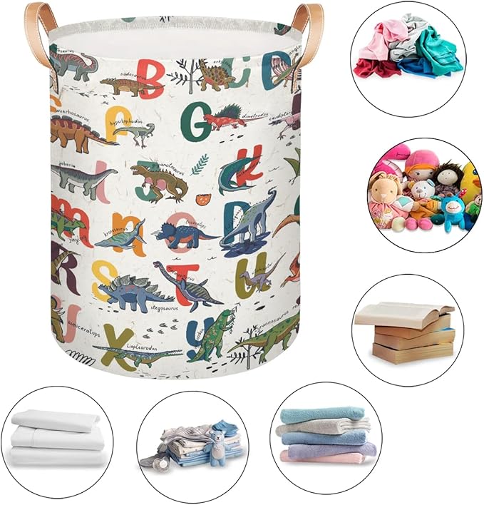 Alphabet Dinosaur Large Laundry Basket - Cartoon Animal Kids Laundry Hamper with Handles - Collapsible Dirty Clothes Organizer Boys Toy Storage Bin Nursery Hamper for Bedroom Bathroom Decor