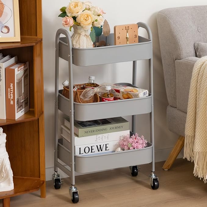 AGTEK 3 Tier Utility Rolling Cart with Lockable Wheels, Metal Multifunctional Storage, Organizer Cart for Kitchen, Office, Living Room, Makeup, Craft, Art Studio, Grey
