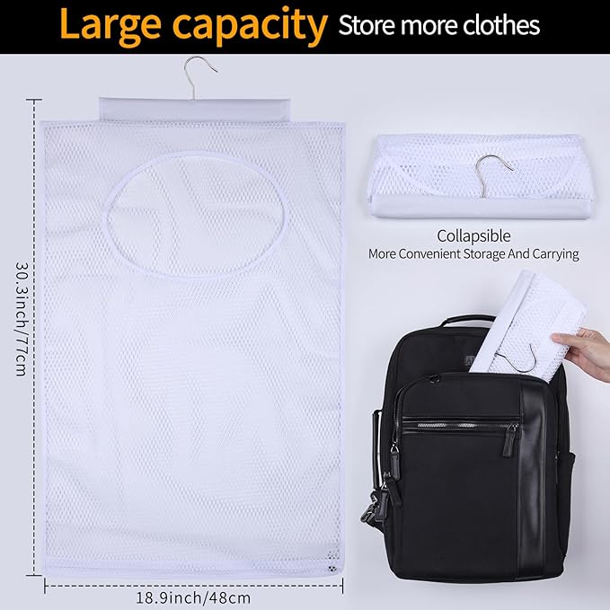Breathable Mesh Laundry Hamper, Bringing Hooks Foldable Hanging Shower Caddy, Fast Drying Portable Space Saving Storage Bag, Applied to College Dorm Rooms, Gym, Swimming and RV Travel (White)