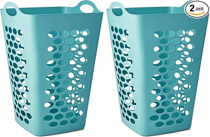 (2 Pack) 2 Bushel Square Laundry Hamper, Teal Lightweight Plastic Tall Laundry Basket with Handles, Ventilation Design for Bedroom, Bathroom, Laundry Room, College Dorm.