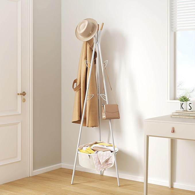 Tajsoon Coat Rack Stand, Coat Tree with Storage Basket and 9 Hooks, Coat Rack Freestanding for Bedroom, Hallway, Office, Coat Hangers Stand for Clothes, Scarves, Hats, Bags, White