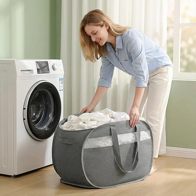 Foldable Laundry Basket with Lid, Oxford Cloth Reinforced Steel Ring Collapsible laundry hamper, 70L Breathable Mesh Dirty clothes hamper with Dual Handles for Home, Dorm, Apartment