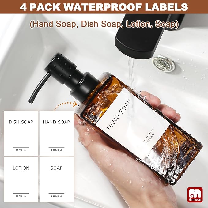 GMISUN Amber Glass Soap Dispenser, 2 Pack Hand Soap Dispenser Bathroom, 12 fl oz/350ml Dish Dispenser Set for Kitchen, Glass Liquid Dispenser with Stainless Steel Pump, Brown Soap Dispensers Bottle