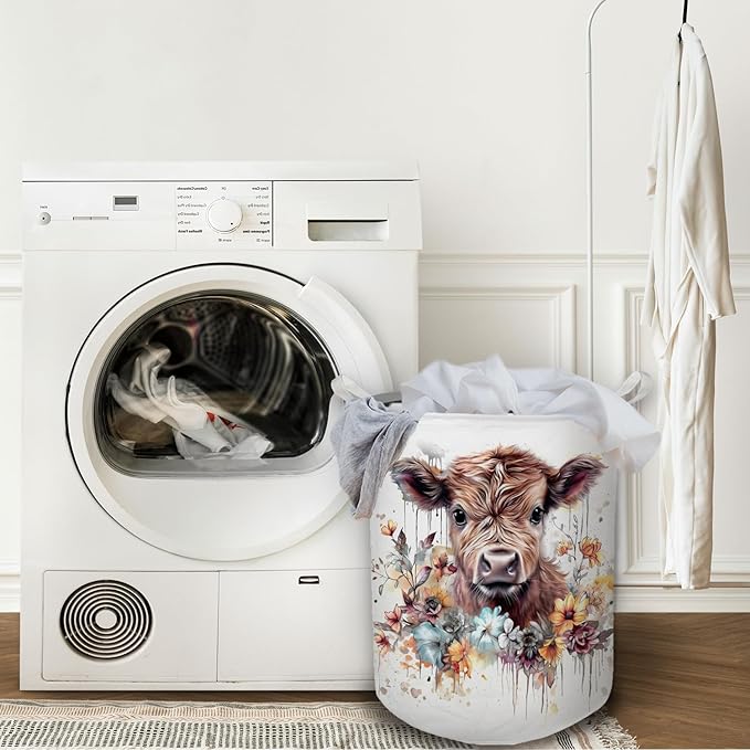 Cow Laundry Basket, Farmhouse Floral Cow Waterproof Collapsible Laundry Hamper Dirty Clothes Storage Toy Bin Organizer for Bathroom Bedroom Nursery Girls Kids Room