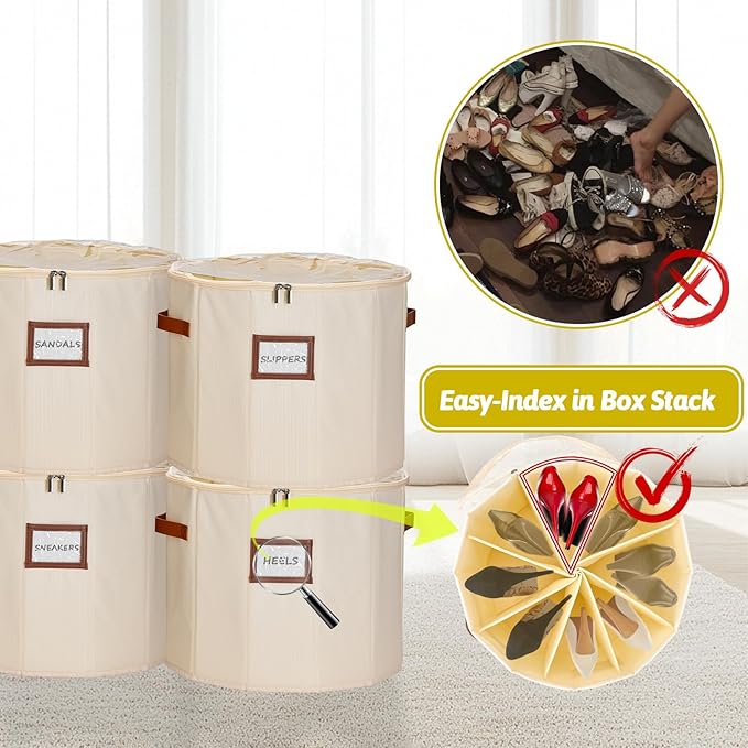 Shoe Organizer Round for Closet - Foldable Shoe Storage Bin with Clear Lid, Compact Zapateras Sandals Tall Boots Organizer Box for Mudroom Small Spaces Under Bed - 16.9"×13"