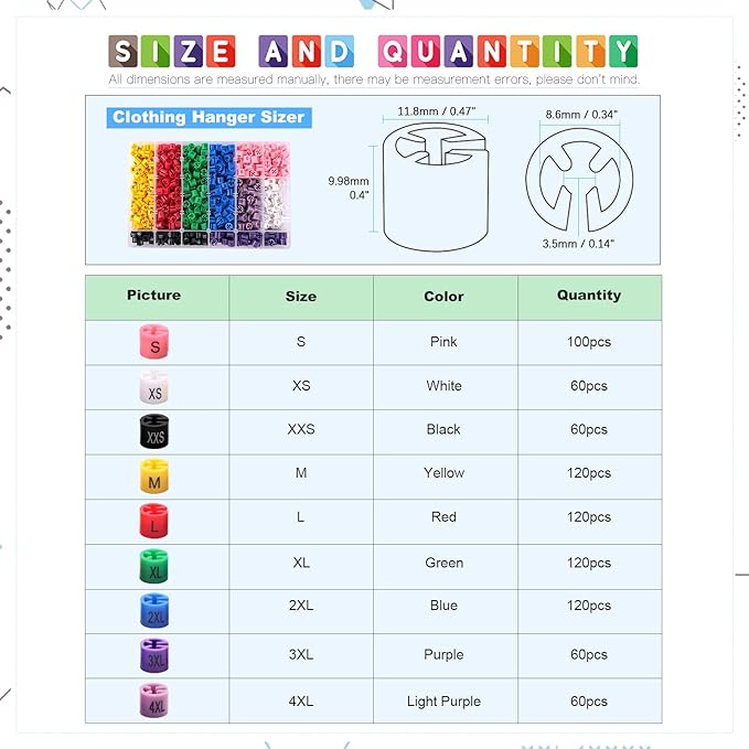 Glarks 820Pcs 9 Colors『XXS - 4XL』Colored Hanger Sizer Garment Size Markers Color Coded Size Clips Assortment Set Fit for 2-4mm Hanger Hook Used for Wire Hangers