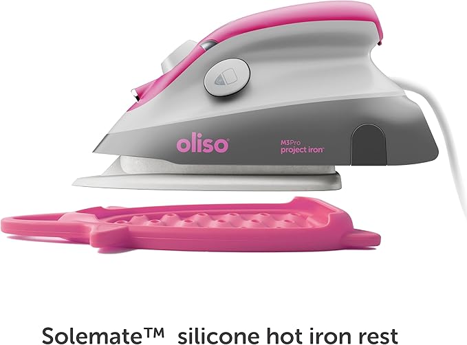 oliso M3Pro Project Steam Iron with Solemate – 1000W Ceramic Soleplate Iron and LED Light for Sewing, Quilting, Crafting, and Travel – Raspberry