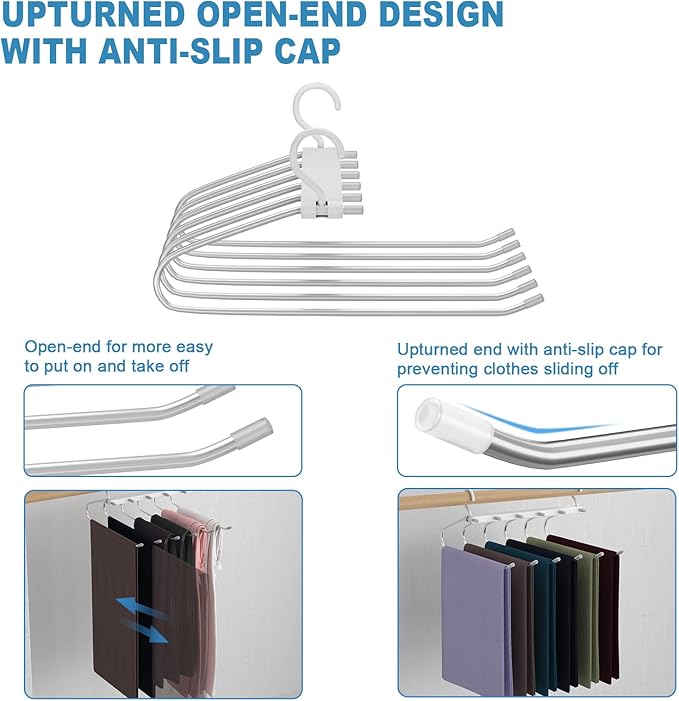 Magic Pants Hangers Space Saving - 6 Tier Stainless Steel Multi Hangers in One for Hanging Pants, Jeans,Trouser - No Slip Vertical Collapsible for Closet Organizer Saver for Men Women, 2 Pack