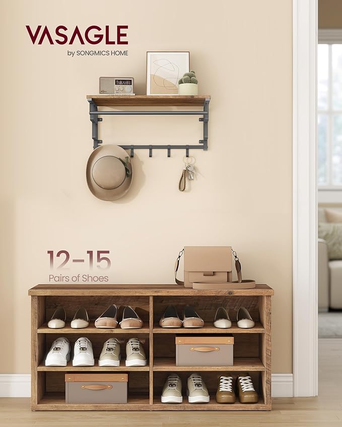 VASAGLE Shoe Bench, Storage Bench, 6 Compartments, Adjustable Shelves, for Living Room, Entryway, Dorm, 11.6 x 39.4 x 19.7 Inches, Honey Brown ULSB036K01