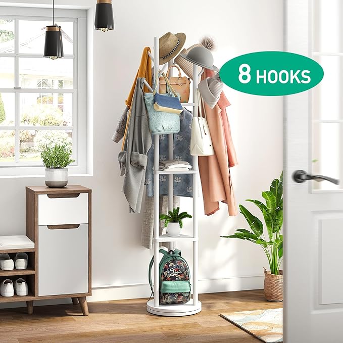 Rotary Coat Rack Stand with 8 Hooks, Bamboo Wood Coat Tree for Clothes/Bags/Hats, Large Coat Rack Freestanding for Entryway (White)