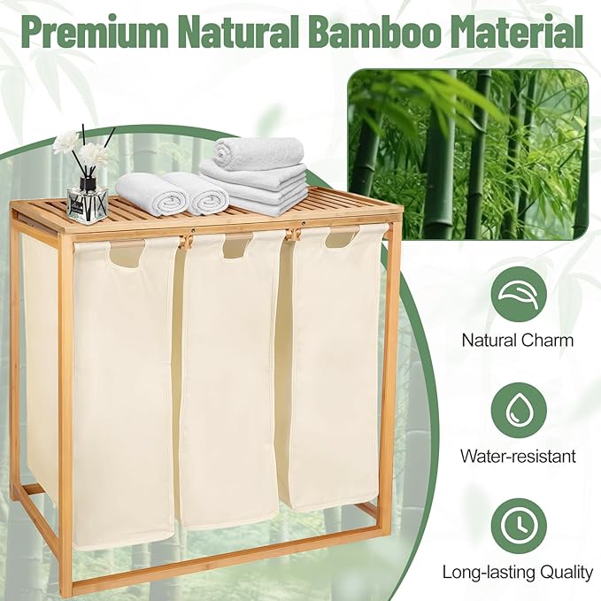 Bamboo Laundry Hamper 3 Section with Lid, 150L Laundry Sorter with Pull-Out Removable Washable Bags, 3 × 12.5 Gal Divided Laundry Baskets for Laundry Room, Bathroom (Beige)