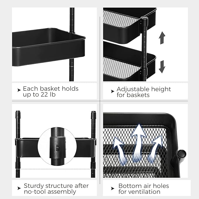 SONGMICS 3-Tier Metal Rolling Cart, Utility Cart, Kitchen Cart with Adjustable Shelves, Storage Trolley with 2 Brakes, Easy Assembly, for Kitchen, Office, Bathroom, Black UBSC60B