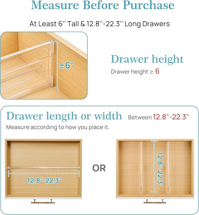 Vtopmart 6 Pack 6" Tall Upgrade Drawer Dividers for Big and Deep Drawer, 12.8"-22.3" Adjustable Expandable Dresser Drawer Organizer, Clear Plastic Separators for Dresser, Baby Supplies, Kitchenware