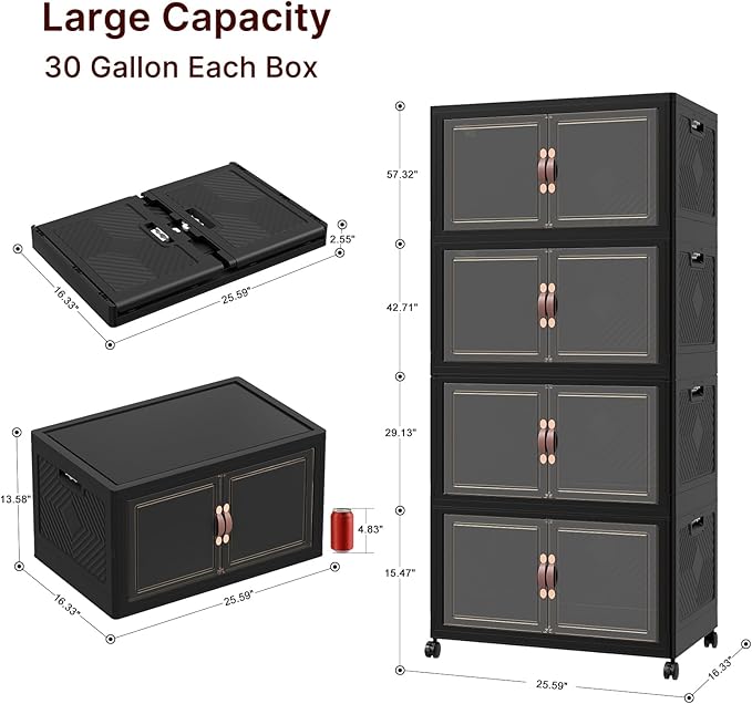 Extra Large Stackable Storage Bins, Lockable Storage Bins with Lids, Folding Storage box with Doors and Wheels, Collapsible Plastic Drawers for Home, Garage, Office (8, Black, Large)