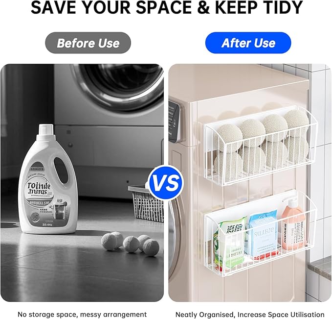 Magnetic Wool Dryer Ball Holder, Magnetic Basket for Laundry Detergent, Magnetic Shelves for Side of Washer Dryer Refrigerator, Laundry Room Organization and Storage (White, L14.96'', W4.41'', H7.2'')