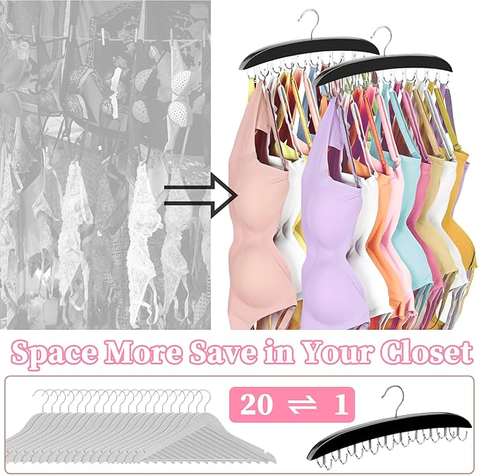 2 Pack Bra Organizer for Closet, 360° Rotating Bra Hanger Space Saving w/20 Foldable Metal Hooks, Tank Top Hanger Closet Organizers and Storage for Camisoles/Tank Tops/Bras/Belts/Scarves Black