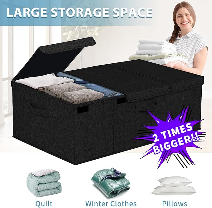 Deep Under Bed Storage Container, 10" Tall Height Underbed Box Bin with Lids 31" Long Large Basket for Under Bed, Bedroom, Dorms, Clothes, Bed sheets, Blankets, 2 Pack, Black