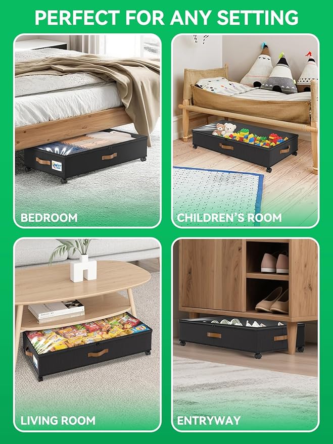 2Pack Under Bed Storage with Wheels, 58L XXL Under Bed Shoe Storage Containers, Clothes Organizer & Bedroom Furniture Organizers,Foldable Home Storage Bins for Bedroom Organization - Classic