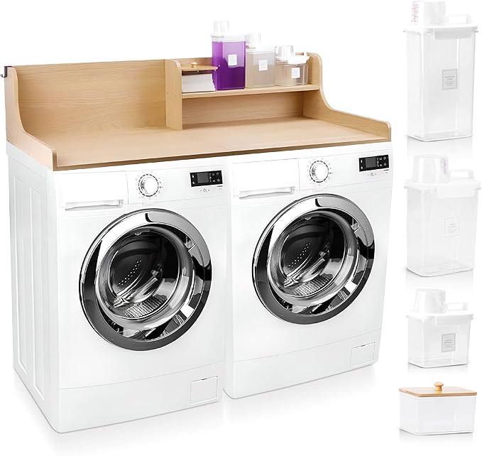 SOBHI | Solid Wood Washer & Dryer Countertop with Laundry Add-Ons | 54″ x 27″ Laundry Room Organization & Storage Topper | 3 Detergent Dispensers & Dryer Sheet Box | Oak Finish