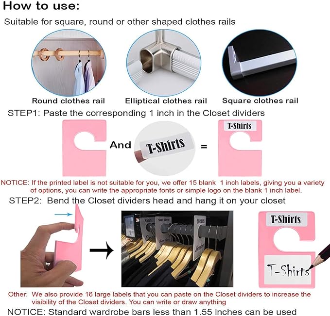 20 Pack White Clothing Rack Size Dividers Plus 45 Labels (1 Inch) and 18 Large Blank Labels, Large Rectangular Clothing Closet Dividers (Pink)