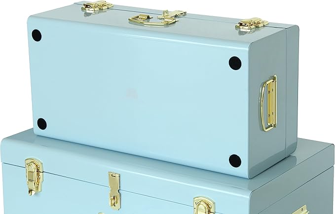 Vixdonos Metal Trunk Decorative Storage Box Set of 2 College Dorm Chest with Handle (Light Blue)