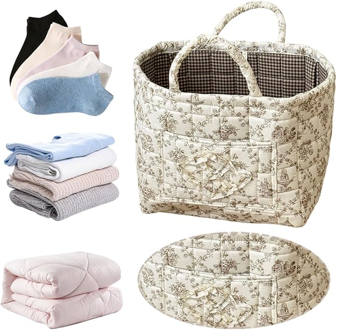 Floral Fabric Storage Basket Car Interior Storage Basket Underwear Sundries Laundry Baskets Supplies Home Organizer Bag (Coffee 1)