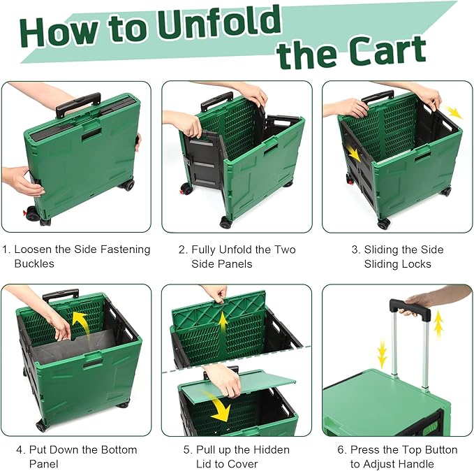FELICON Folding Utility Cart Rolling Crate Handcart with Durable Heavy Duty Plastic Telescoping Handle Collapsible Hidden Lid 4 Rotate Wheels for Travel Shop Move Office Teacher Use(Dark Green&Black)
