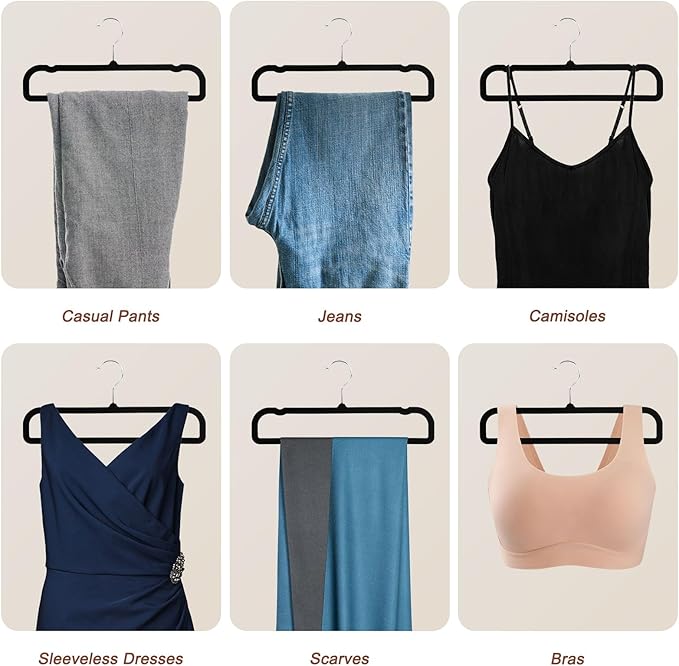 OneDream 20 Pack Velvet Pants Hangers 13.78 Inch with Non Slip Bar, Space Saving Hangers for Clothes, Jeans, Shorts,Trousers, Bra and Tank Tops, 360 Degree Swivel Hook, Black