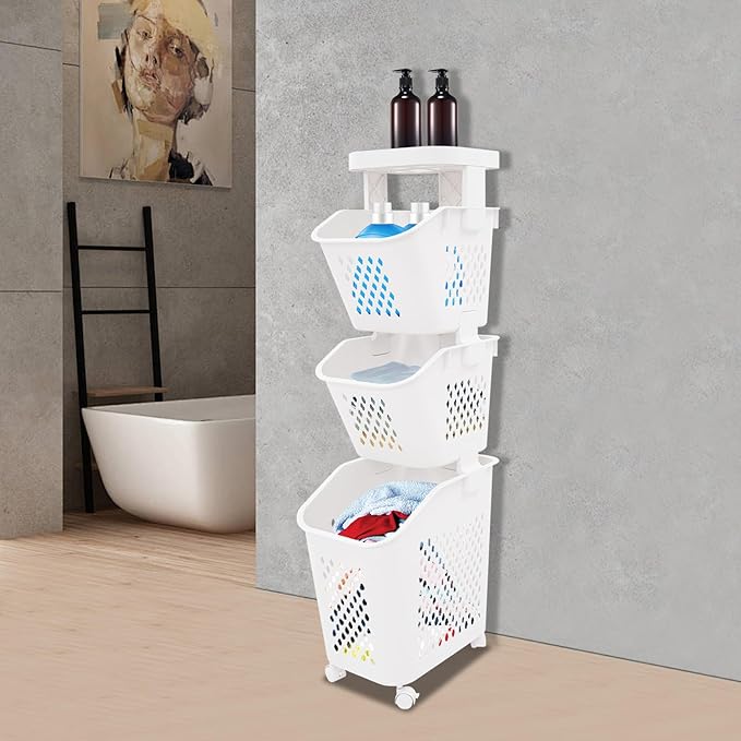 3 Tiers Rolling Laundry Hamper, White Plastic Laundry Basket Holder with Wheels, Vertical Laundry Hamper Sorter Cart, Rolling Clothes Hamper Organizer for Bathrooms Bedrooms