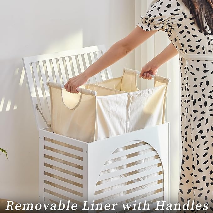 Laundry Hamper with Lid, Bamboo Clothes Laundry Basket with Handles, Removable 2-Section Liner bag, Hampers for Bedroom Aesthetic, Large Storage for Bath Towel, Sheets or Toys, Home (White)