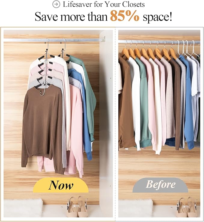 Space Saving Clothes Hangers – 5-in-1 Shirt & Coat Hangers with Non-Slip Foam, Stainless Steel Tiered Closet Organizer for Sweatshirts, Hoodies, Sweaters, T-Shirts – 4 Pack by ZNBEN