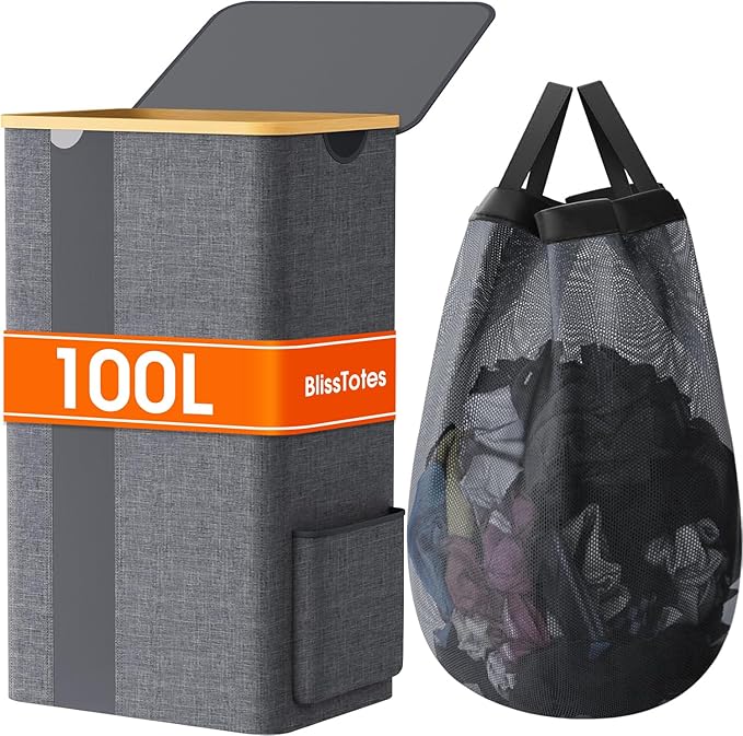 BlissTotes Laundry Basket with Lid, 100L Clothes Laundry Hamper with Handles and Removable Laundry Bag, Breathable Design Hamper with Lid for Bedroom, Bathroom, Dorm, Laundry Room - Light Grey